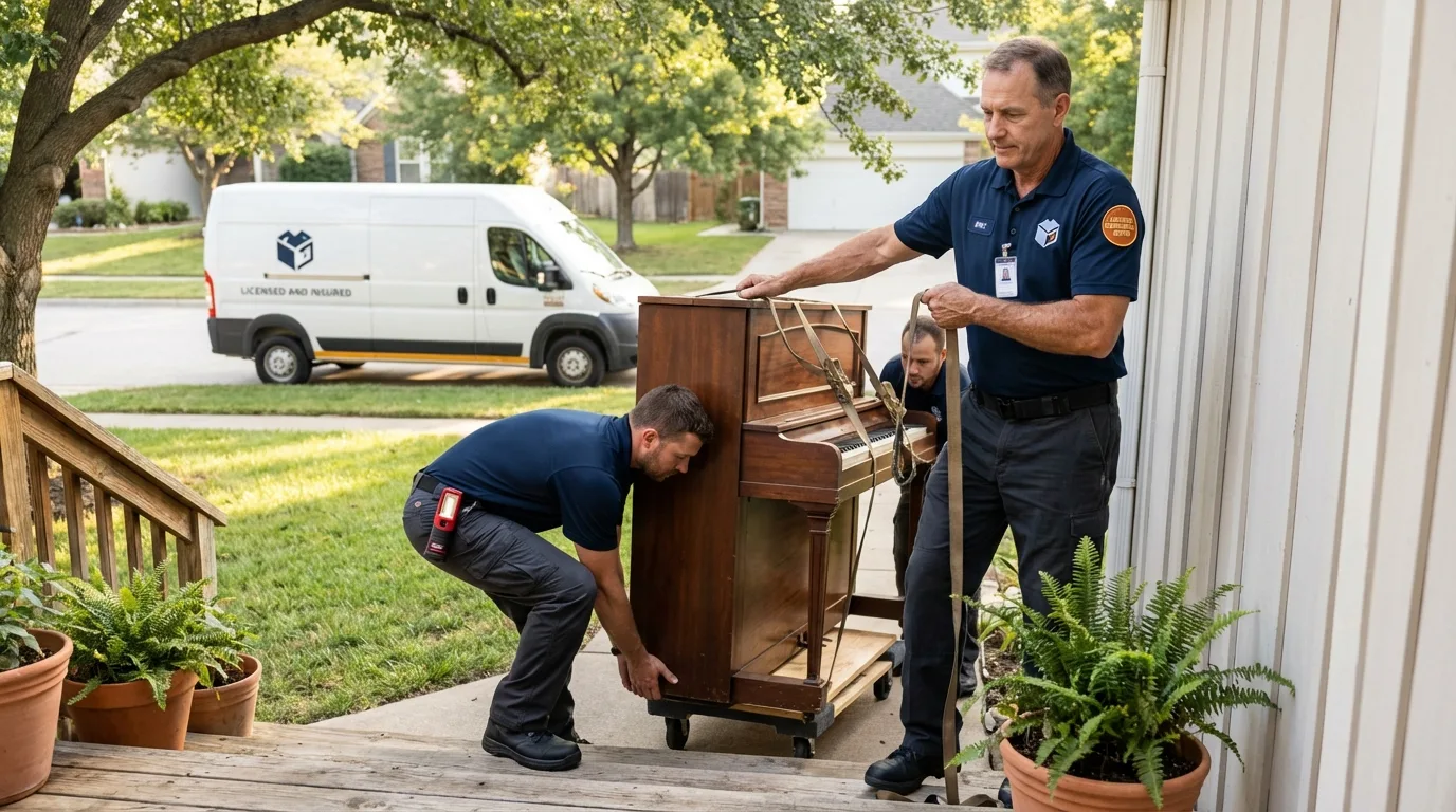 Licensed piano movers securing grand piano in Cadillac, MI