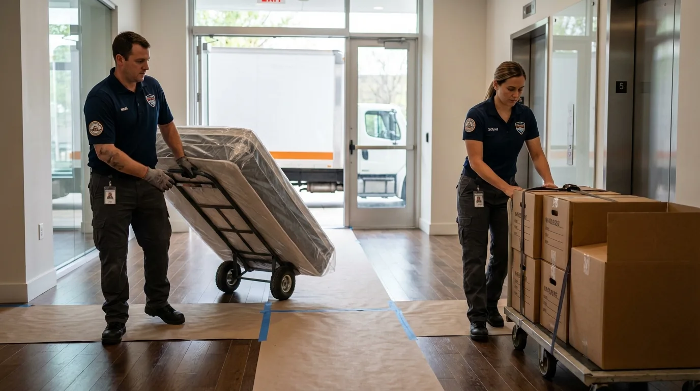 Professional apartment movers loading elevator in Cadillac, MI